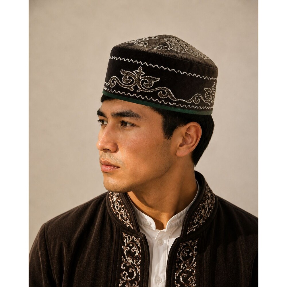 Traditional Kazakh Takiya Embroidered Felt Skull Cap Hat Green Men's NWOT